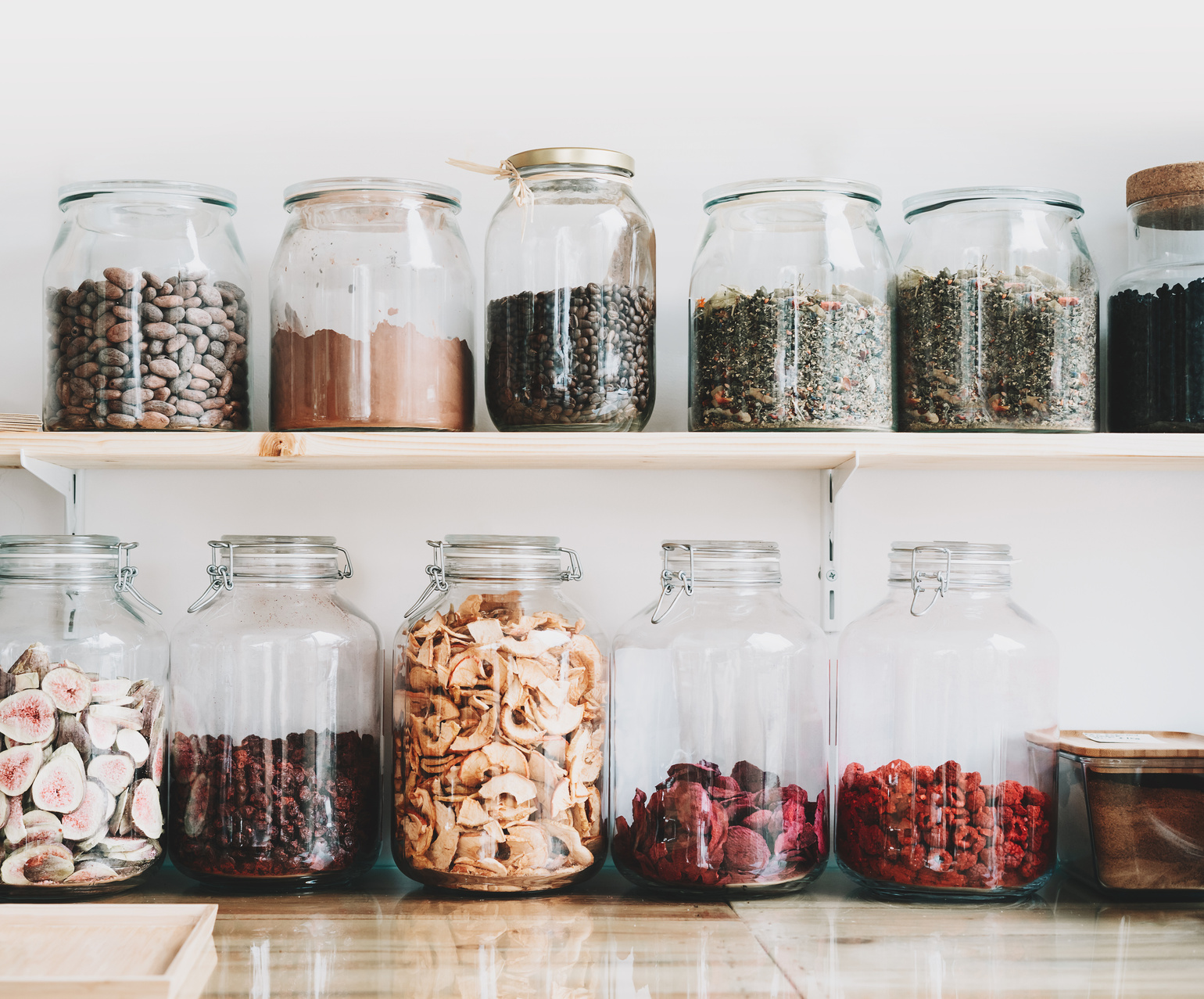 Organic bulk products in zero waste shop. Foods storage in kitchen at low waste lifestyle.